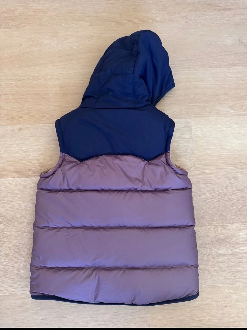 Patagonia Kids Hooded Puffer Vest in Navy & Mauve